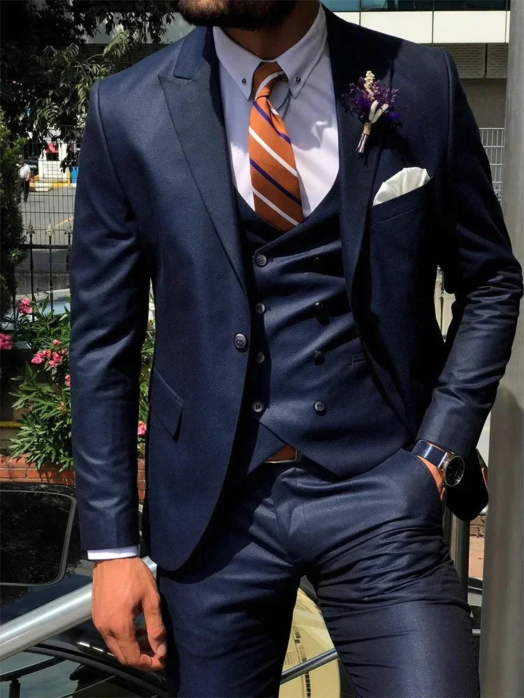 Dark blue SHOWLU men's 3-piece slim fit suit with cotton fabric, including jacket, vest, and trousers, ideal for weddings and formal events.