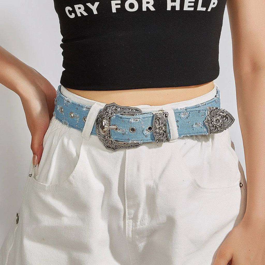 Women's retro rhinestone buckle belt with ripped denim style, versatile punk rock fashion accessory by Showlu Fashion Store.