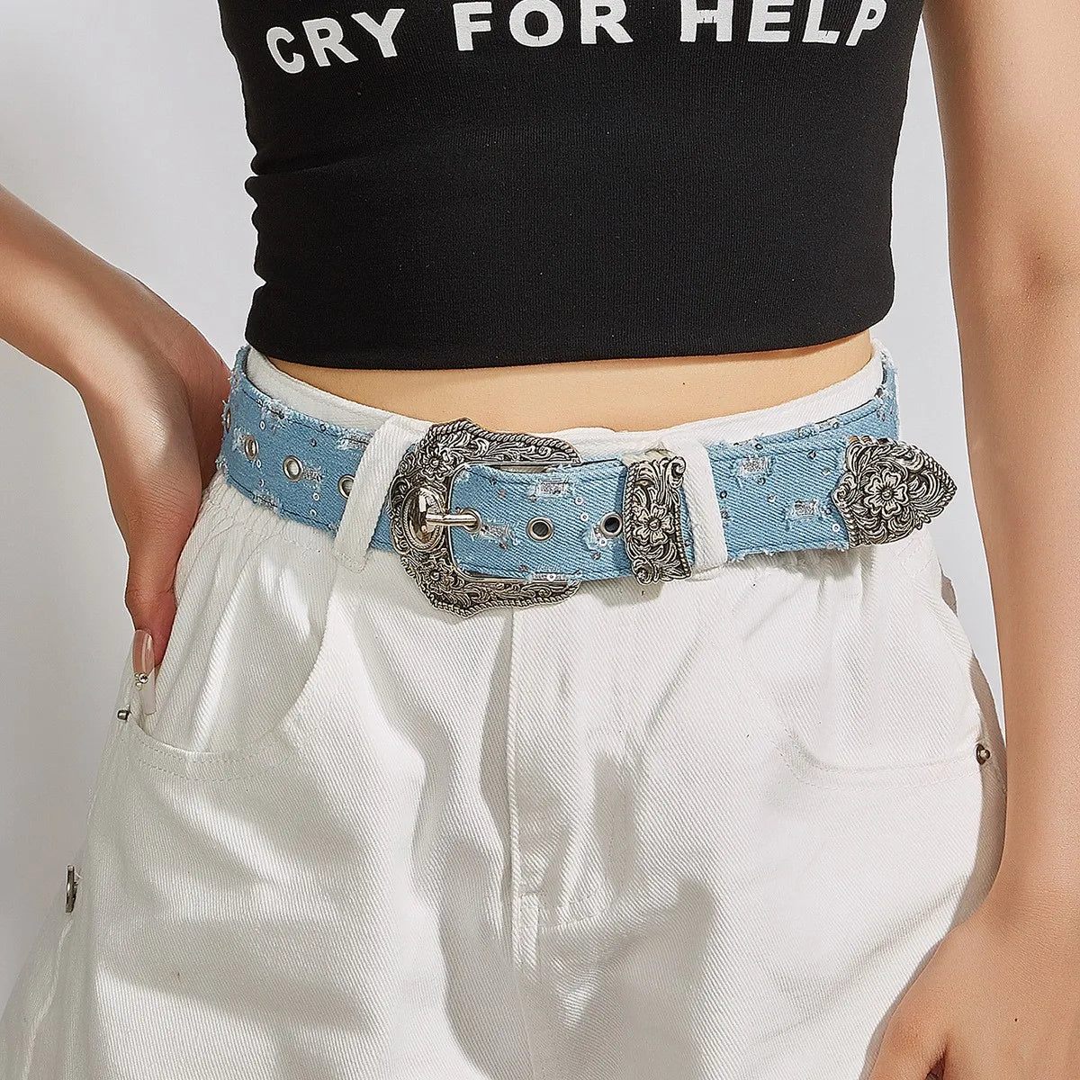 Women's retro rhinestone buckle belt with ripped denim style, versatile punk rock fashion accessory by Showlu Fashion Store.