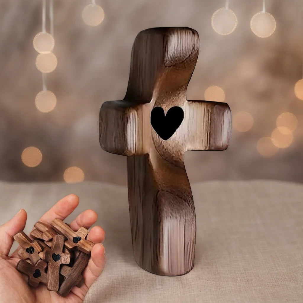 Showlu Wooden Pocket Cross, fingertip stress relief heart gift, handcrafted wooden religious keepsake for meditation or spiritual comfort.