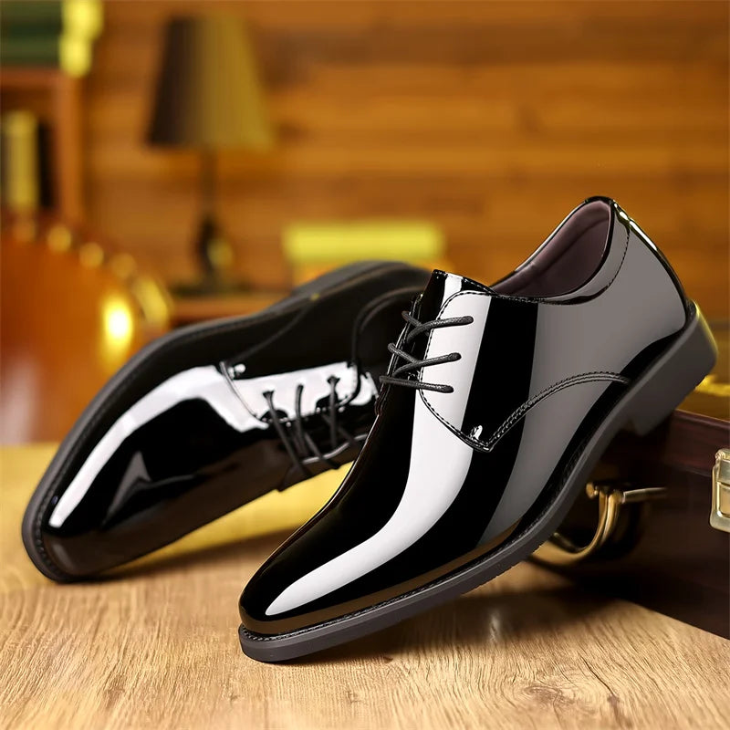 Red PU leather men's pointed toe dress shoes with lace-up design, stylish social footwear by Showlu Fashion Store.