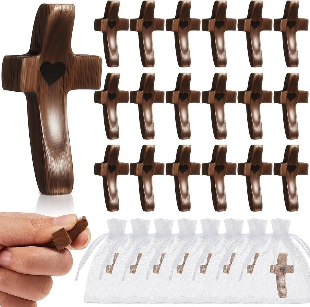 Set of 12 wooden calming crosses with organza bags, stress relief fidget crosses for religious comfort and baptism church use.