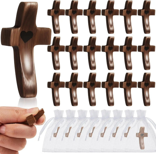 Set of 12 wooden calming crosses with organza bags, stress relief fidget crosses for religious comfort and baptism church use.