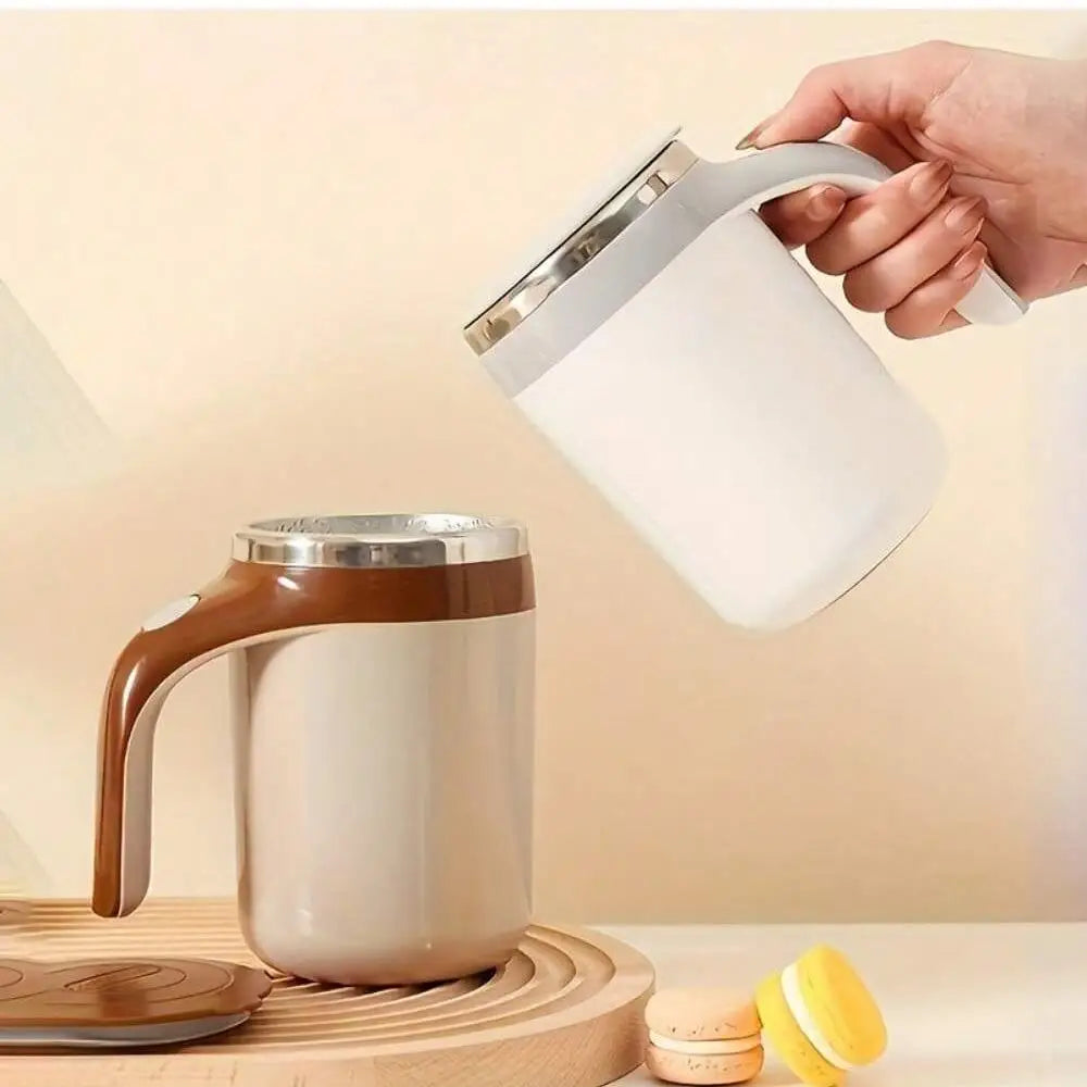 Stainless steel Showlu Automatic Magnetic Stirring Coffee Mug with magnetic mixer inside, designed for seamless coffee stirring.