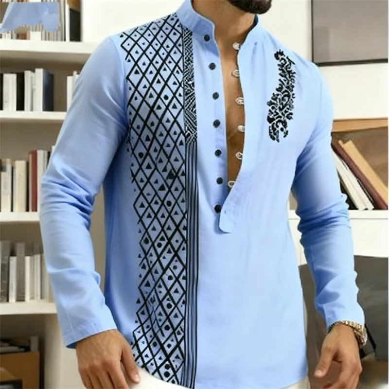 Men's long sleeve button shirt by Showlu Fashion, casual loose Henley beach top with seven buttons and classic style.