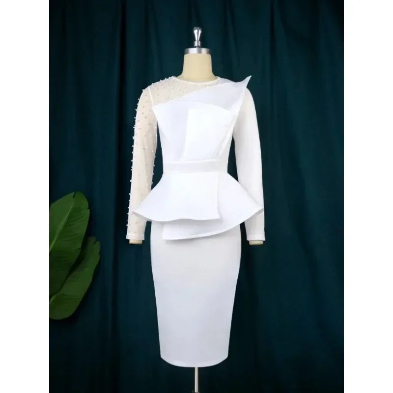 Elegant white women's party dress with long sleeves, beading, mesh patchwork, peplum, and O-neck design for evening events.