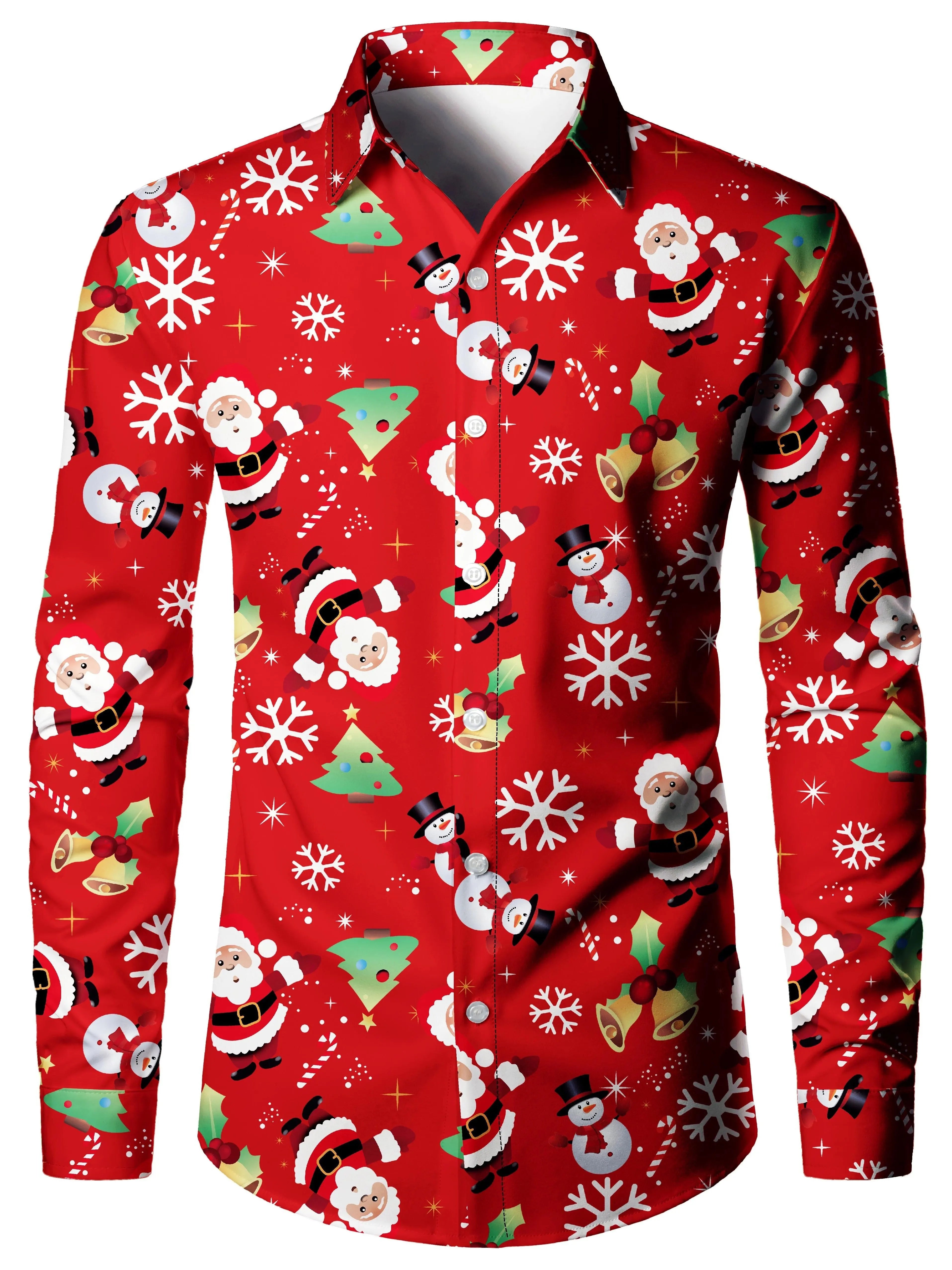 Men's Christmas festival themed 3D printed formal shirt with Christmas tree and Santa Claus graphic, long sleeve design by Showlu Fashion.