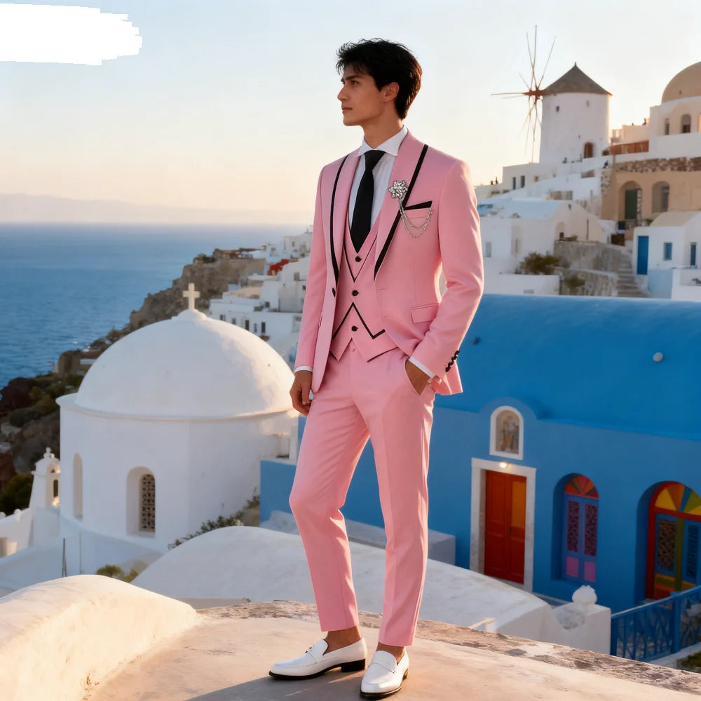 Men's solid slim fit 3-piece business suit set with blazer, vest, and pants, ideal for weddings and formal occasions.