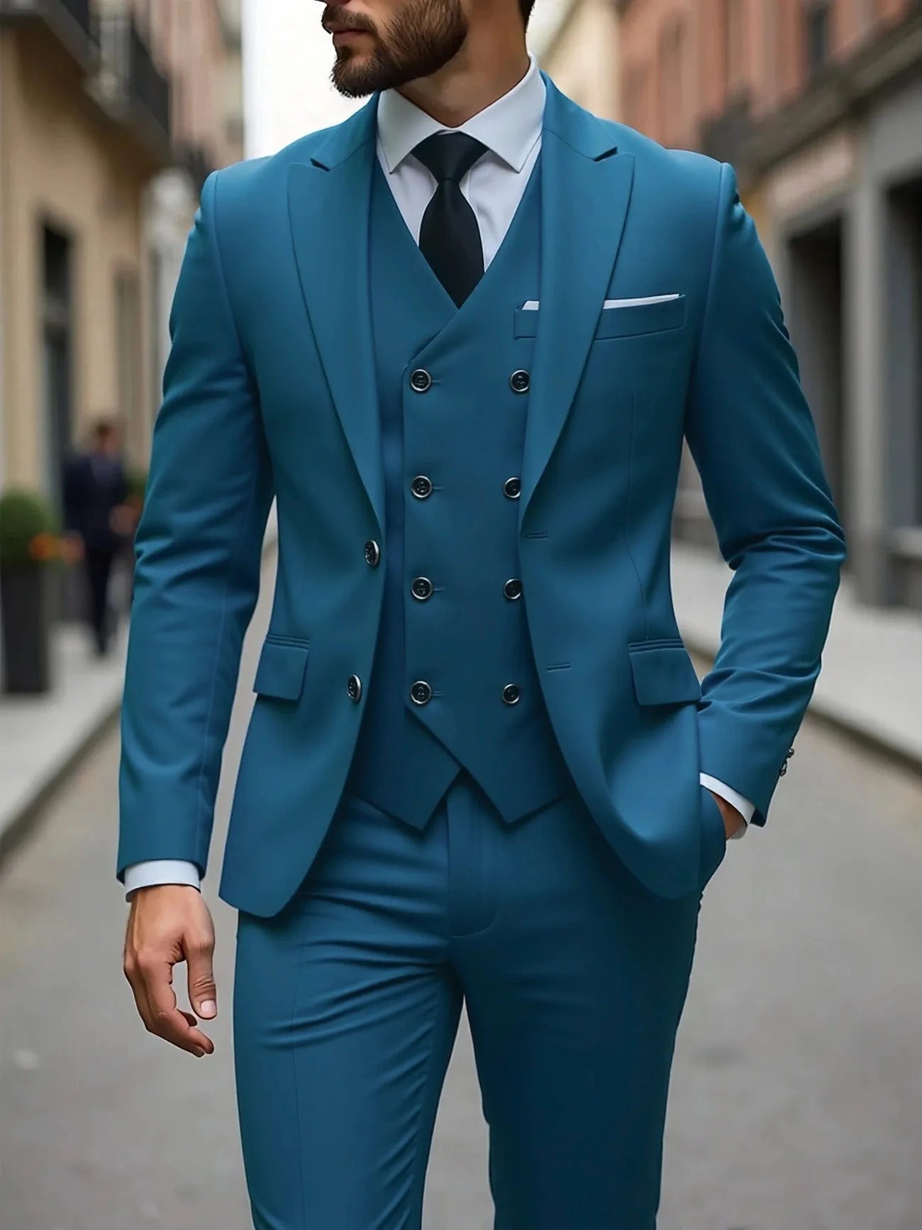 Classic men's wedding tuxedo by Showlu Fashion, slim fit groom suit with jacket, vest, and pants for formal occasions.