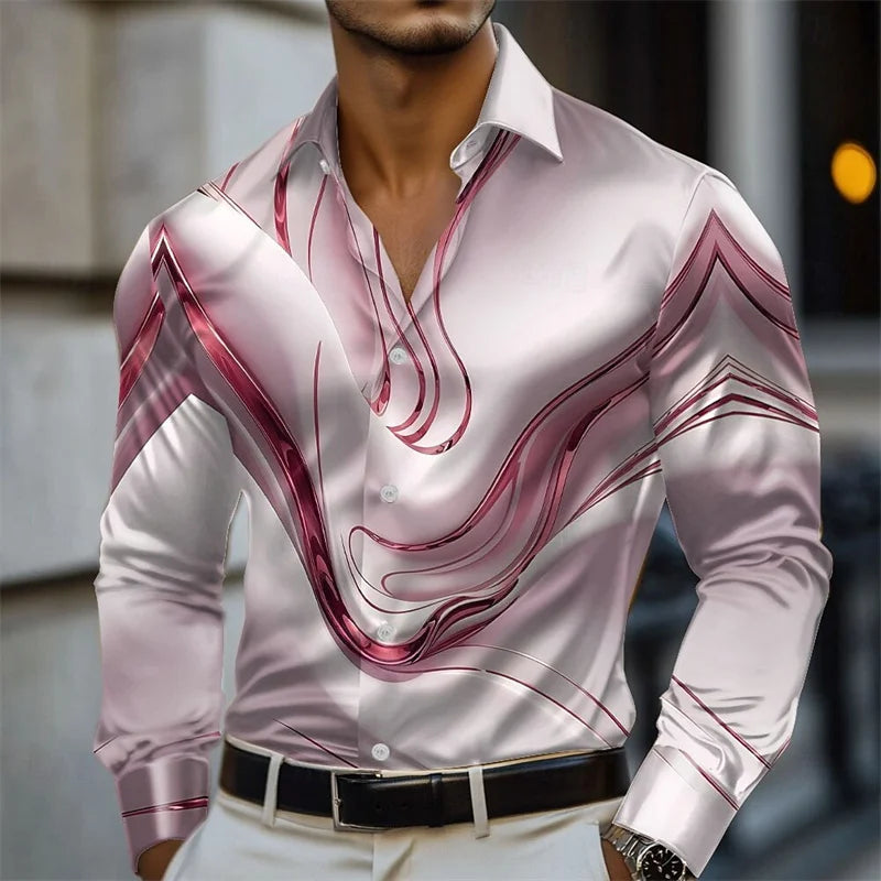Men's abstract liquid art satin shirt in pink, blue, gold, and green with long sleeves, casual fashion for summer and spring.