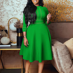 Elegant Party Dresses for Women 2024 Luxury O Neck Three Quarter Sleeve High Waisted Pleated A Line Mid Calf Birthday Dress Robe