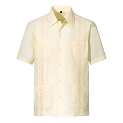 2025 New Summer Men's Guayabera Shirts Four Pockets Embroidered Short Sleeve Shirts for Men Blue Mexican Cuban Button Shirt