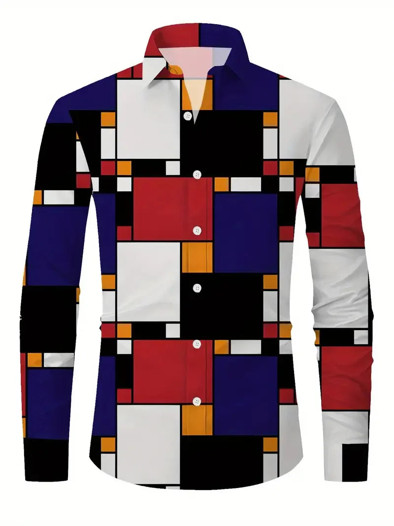 Men's checkered collar shirt with long sleeves, casual spring design, comfortable color-blocked top by Showlu Fashion Store
