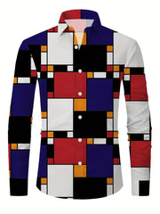 New men's collar shirt with spring casual design, long sleeved shirt, comfortable checkered color blocked men's top