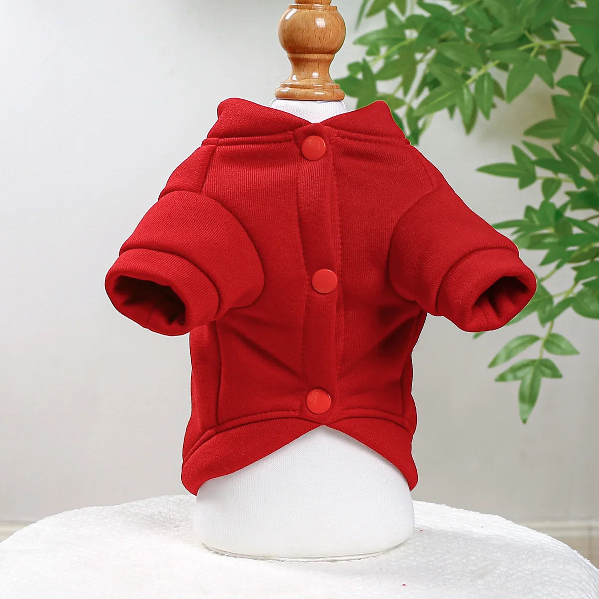 A red hooded sweatshirt for small dogs with a button-up front and ribbed sleeve cuffs.