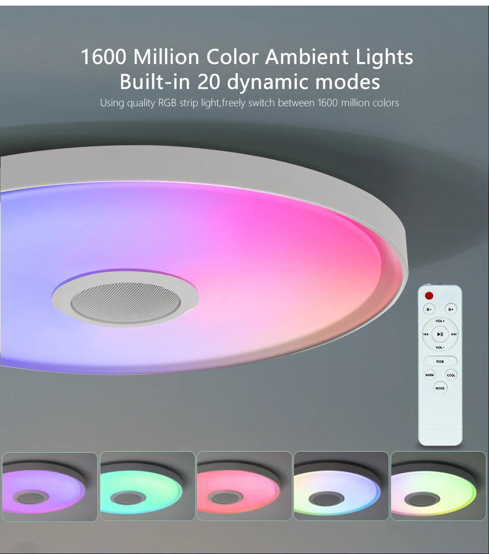 Showlu Smart RGB LED ceiling light with Bluetooth speaker, remote control, and vibrant color options, installed in a modern ceiling.