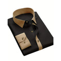 Men's black patchwork long sleeve shirt by Showlu Smart General, casual smart dress shirt with elastic fabric and high street style.