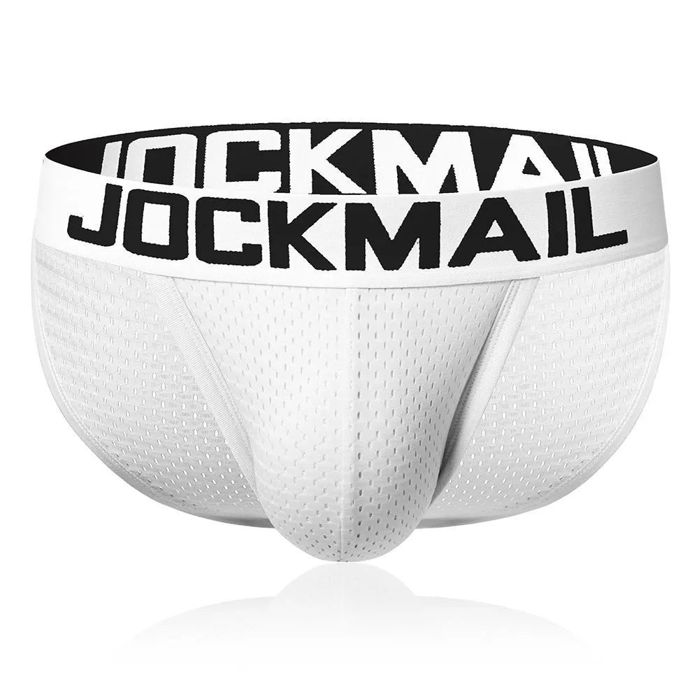 Men's Jockmail underwear briefs with a penis pouch, Showlu Fashion men's bikini underpants, black, made from comfortable fabric.