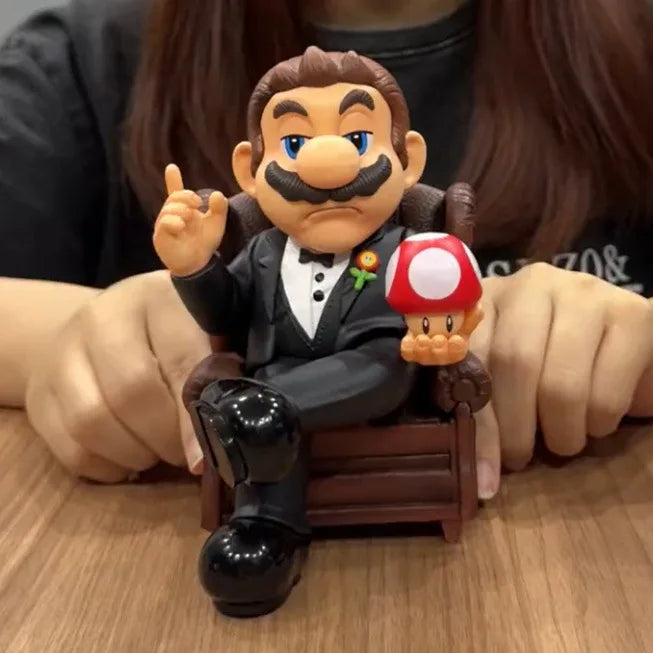Super Mario as The Godfather PVC action figure by Bandai, 16cm tall, detailed design, featuring iconic costume and accessories.