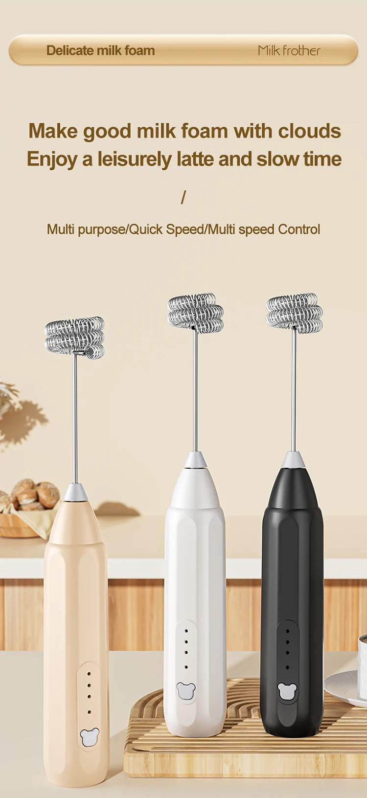 Showlu Smart portable mini electric milk frother with 3-speed settings, handheld design, rechargeable for creamy froth.