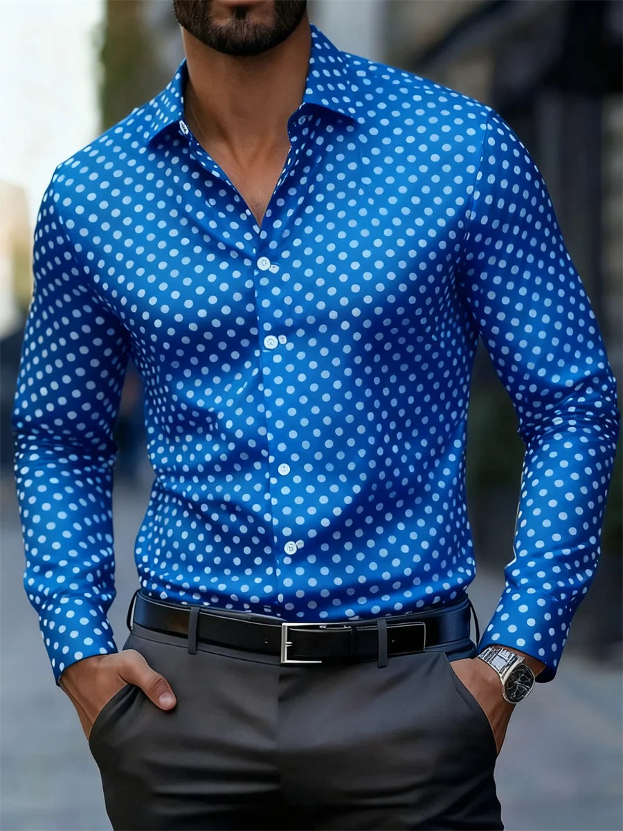 Men's slim-fit polka dot print long-sleeved shirt by Showlu Fashion, versatile business casual shirt for daily wear