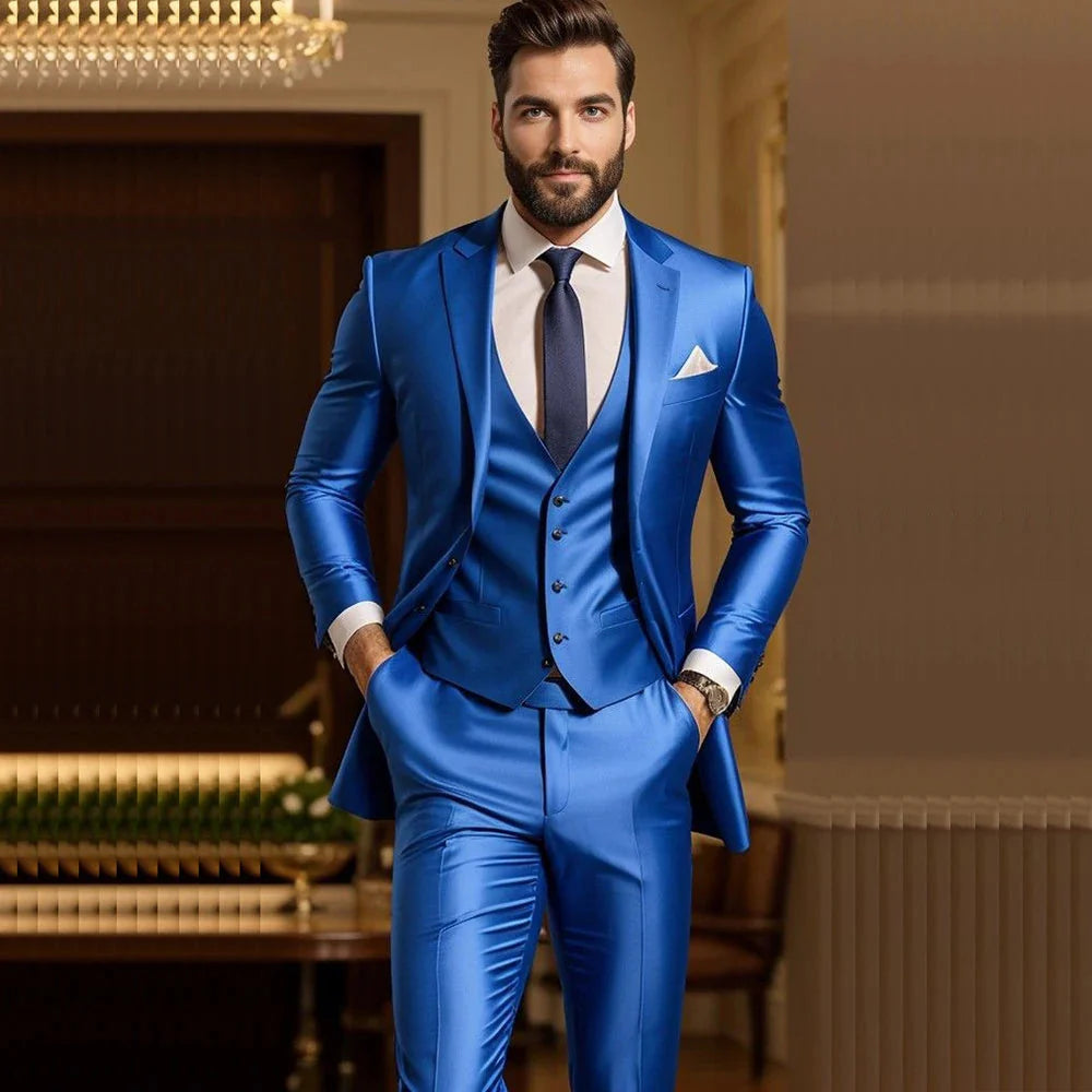 Men's blue 3-piece slim fit wedding suit with notch lapel, featuring tailored jacket, vest, and matching trousers from SHOWLU FASHION STORE.