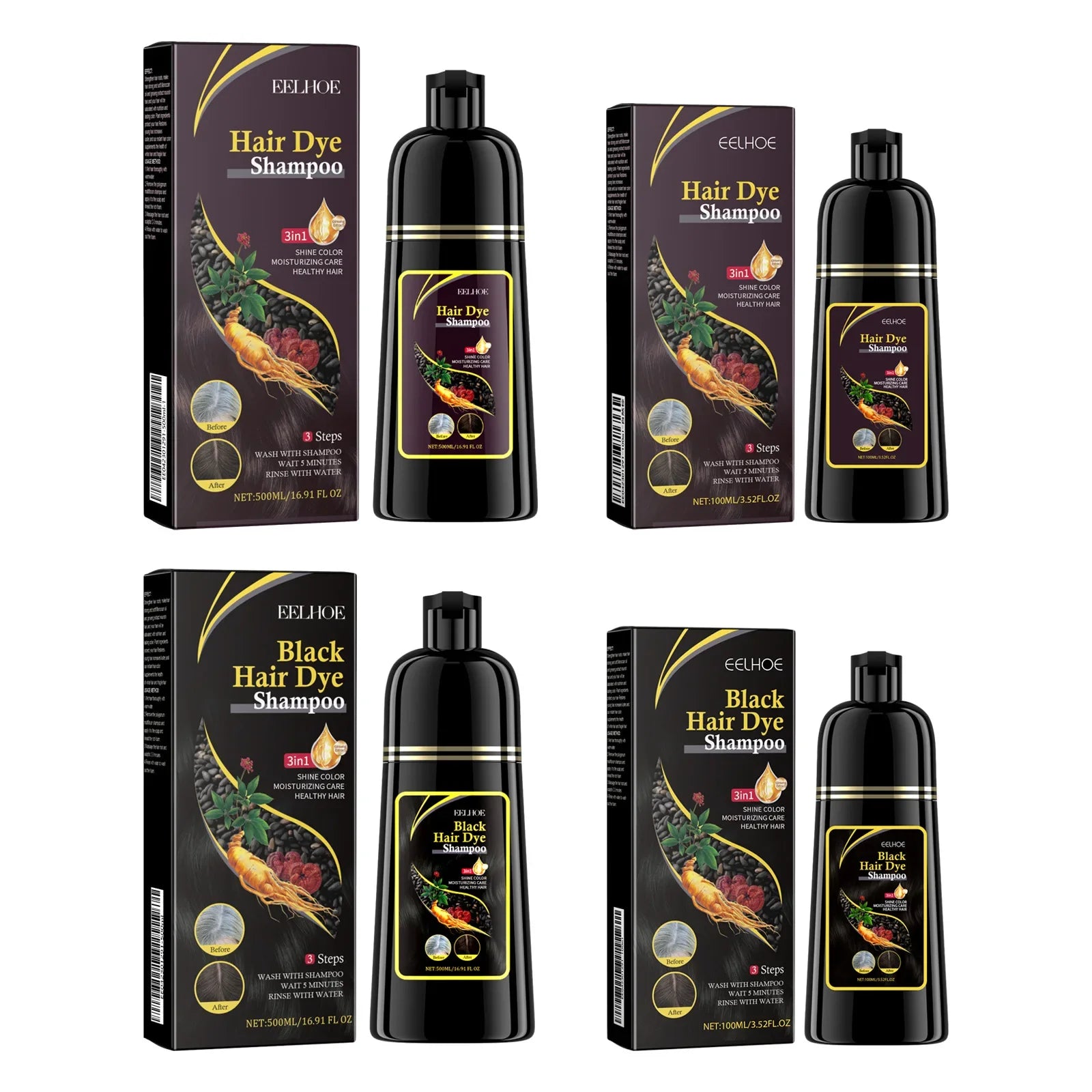 EELHOE 3-in-1 black hair dye shampoo by SHOWLU FASHION STORE, natural herbal formula for grey hair coverage, in a bottle.