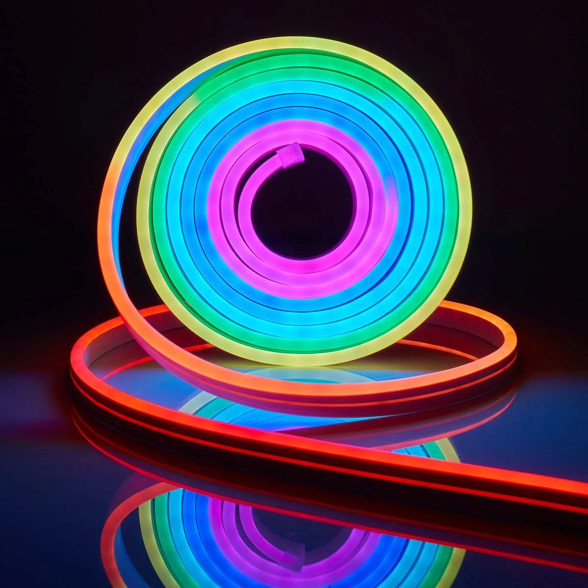 RGBIC Neon LED strip light by Showlu Smart General with Bluetooth app control, showcasing colorful illuminated flexible lighting.