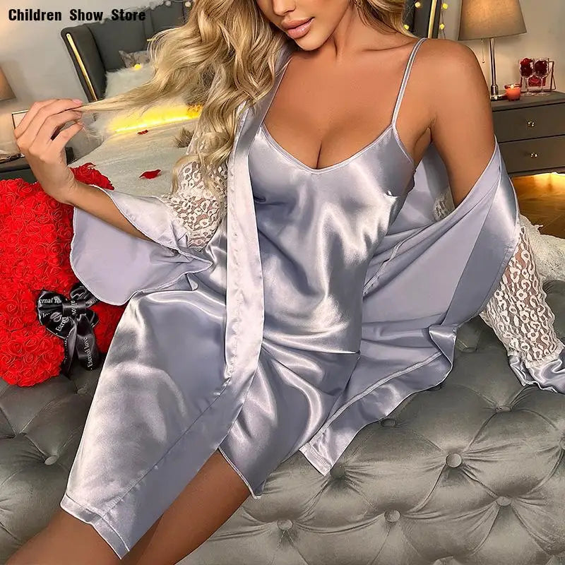 Women’s rayon kimono sleep gown with lace sleeves, sexy nightdress, lightweight robe, comfortable summer homewear by Showlu Fashion
