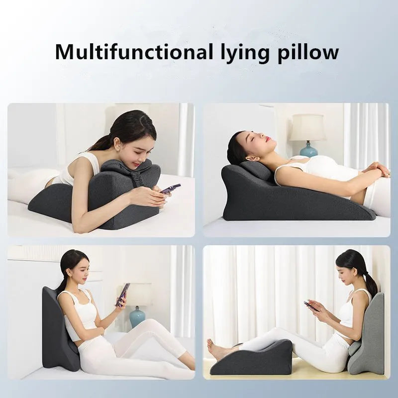Showlu Memory Foam Prone Sleeping Pillow with ergonomic design, beige cushion for comfortable prone sleep support.