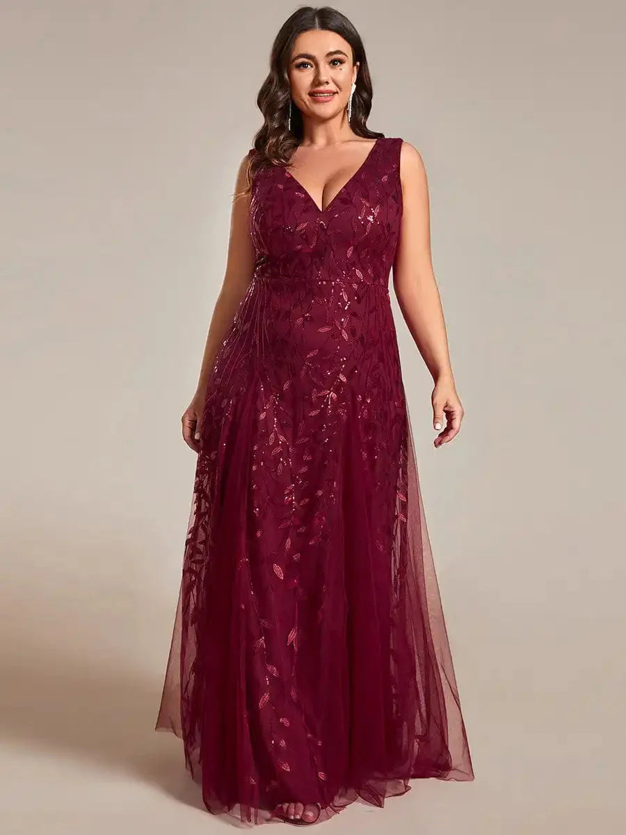Plus size dark green sequin evening dress with v-neck and A-line silhouette by SHOWLU FASHION STORE