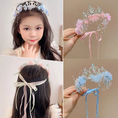 Kids Elegant Flower Wreath Fairy Crown Headband Princess Girls Rhinestone Hair Hoop Kids Birthday Wedding Hairband
