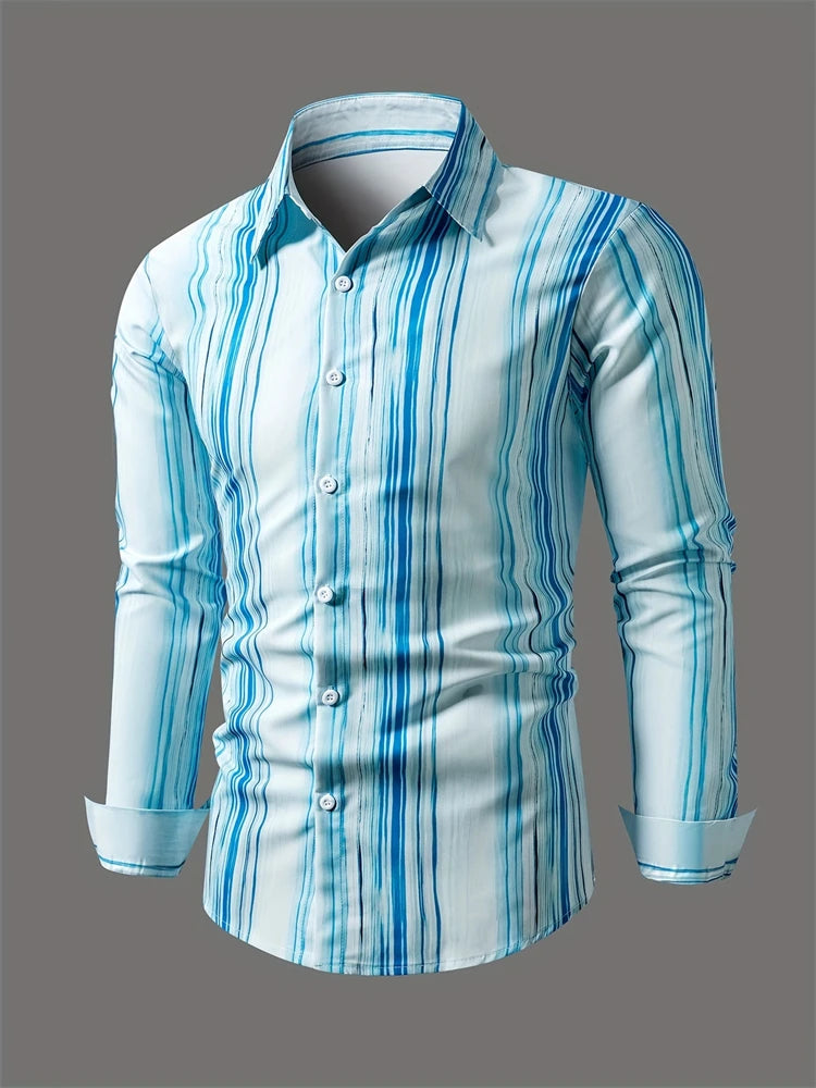 Men's long sleeve shirt with square stripe 3D print, casual animal pattern, button-down style, autumn fashion by Showlu.