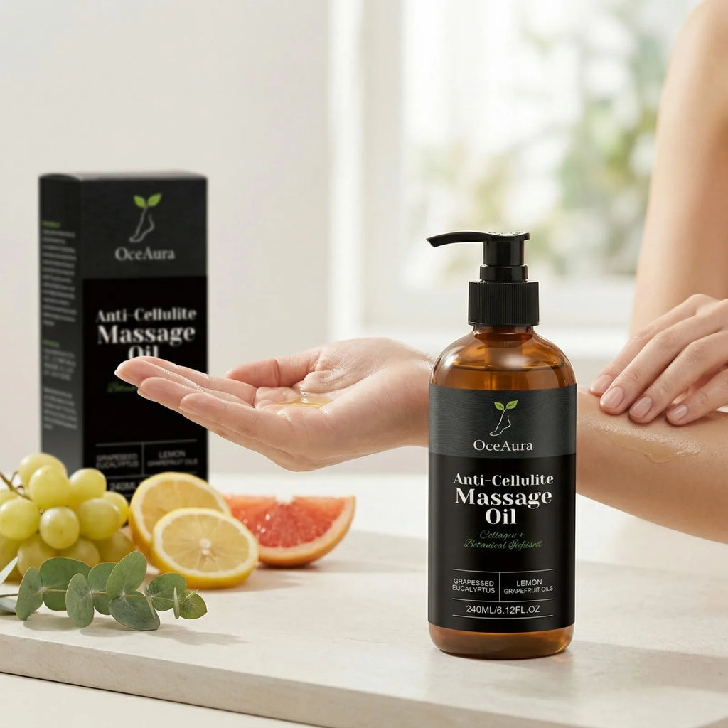 OceAura Anti Cellulite Oil by Showlu Fashion Store featuring lemon and grapefruit for firming massage and skin smoothing.