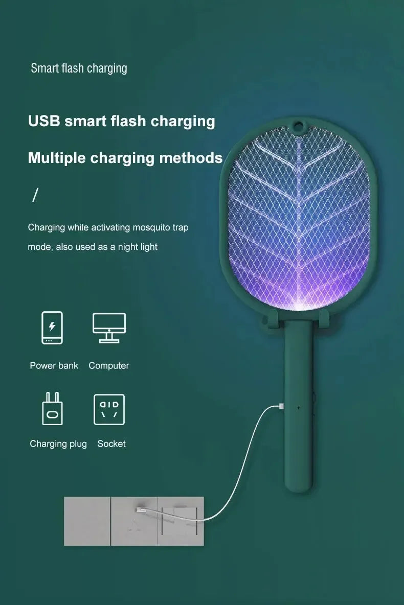 USB rechargeable electric mosquito swatter racket by Showlu Smart General with a metal grid for killing mosquitoes.