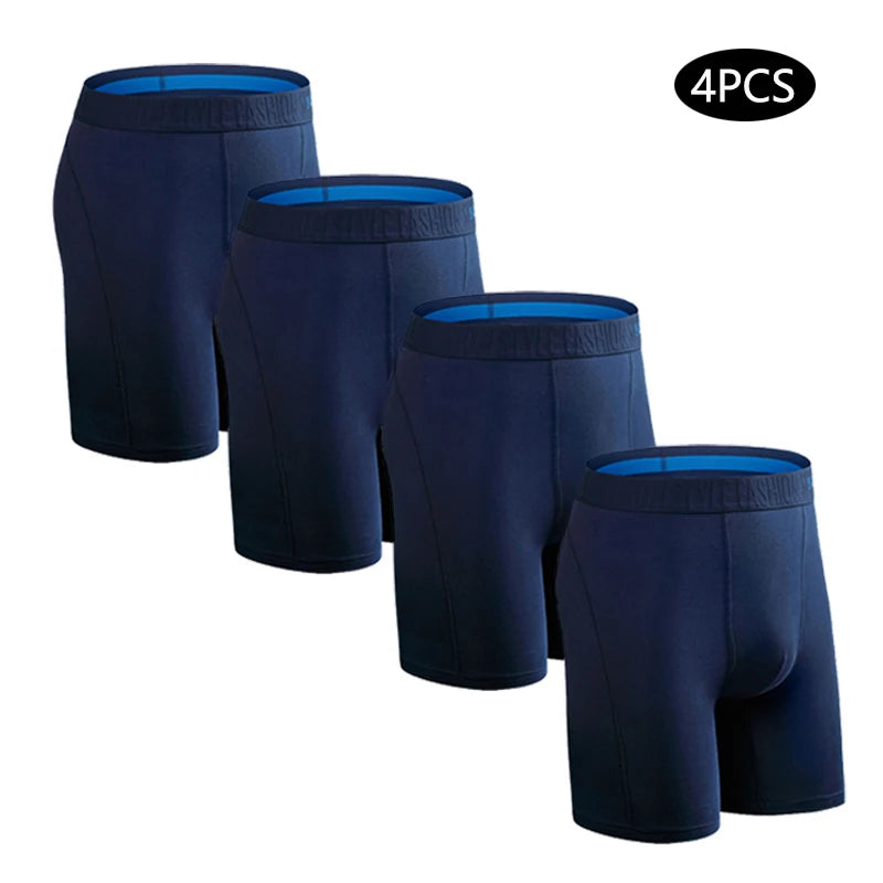 Men's long leg boxer shorts in a 4-pack, cotton plus size trunks by Showlu Fashion Store, featuring comfortable fit and various colors.