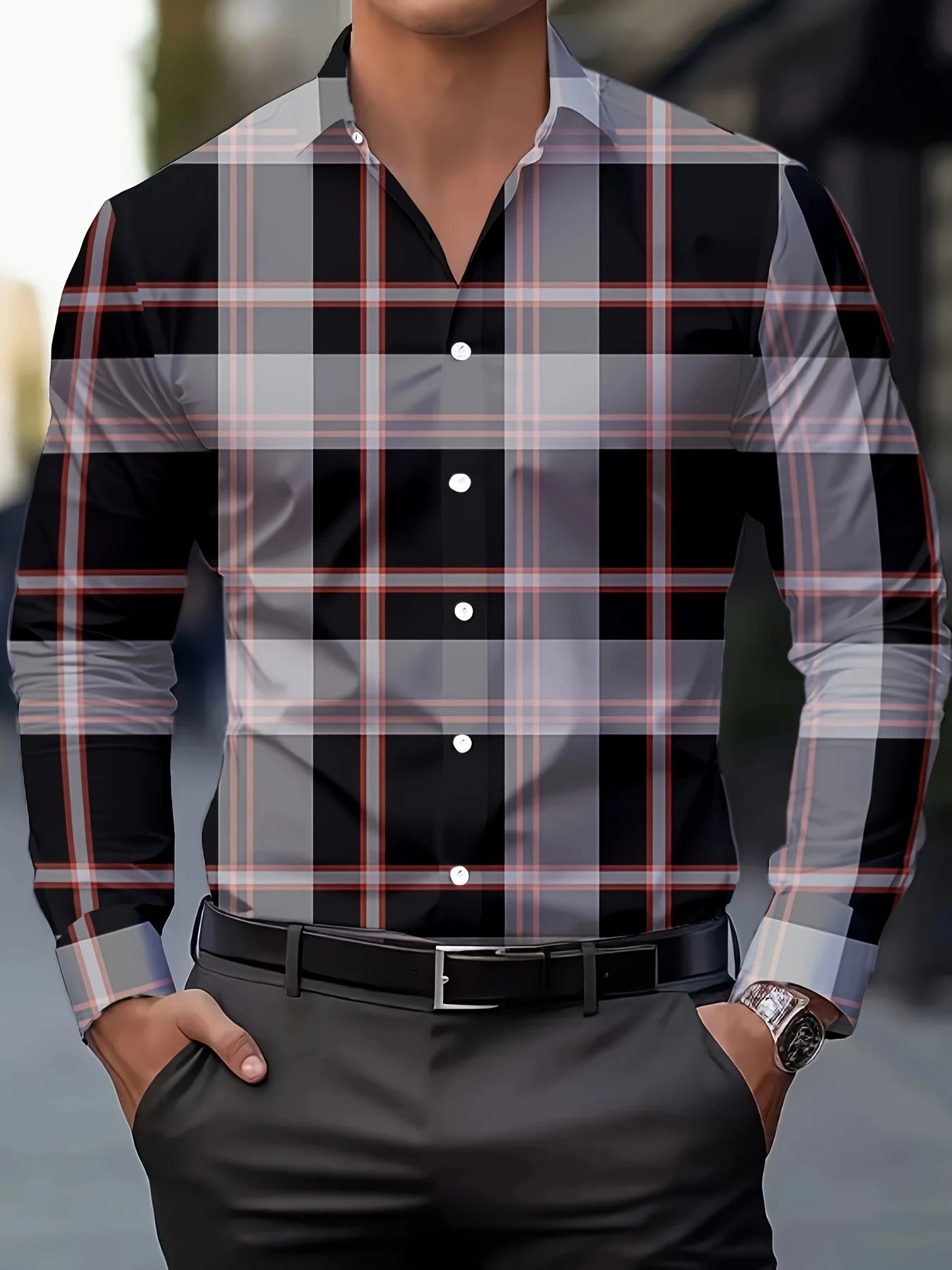 Men's stylish casual long sleeve breathable shirt with gradient design, turn-down collar, suitable for business or casual wear.