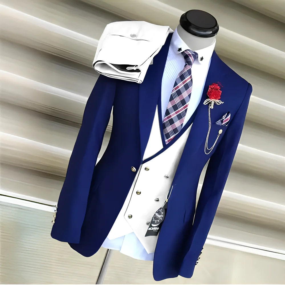 Royal blue men's 3-piece suit with yellow tuxedo jacket, pants, and vest, perfect for weddings and formal occasions.