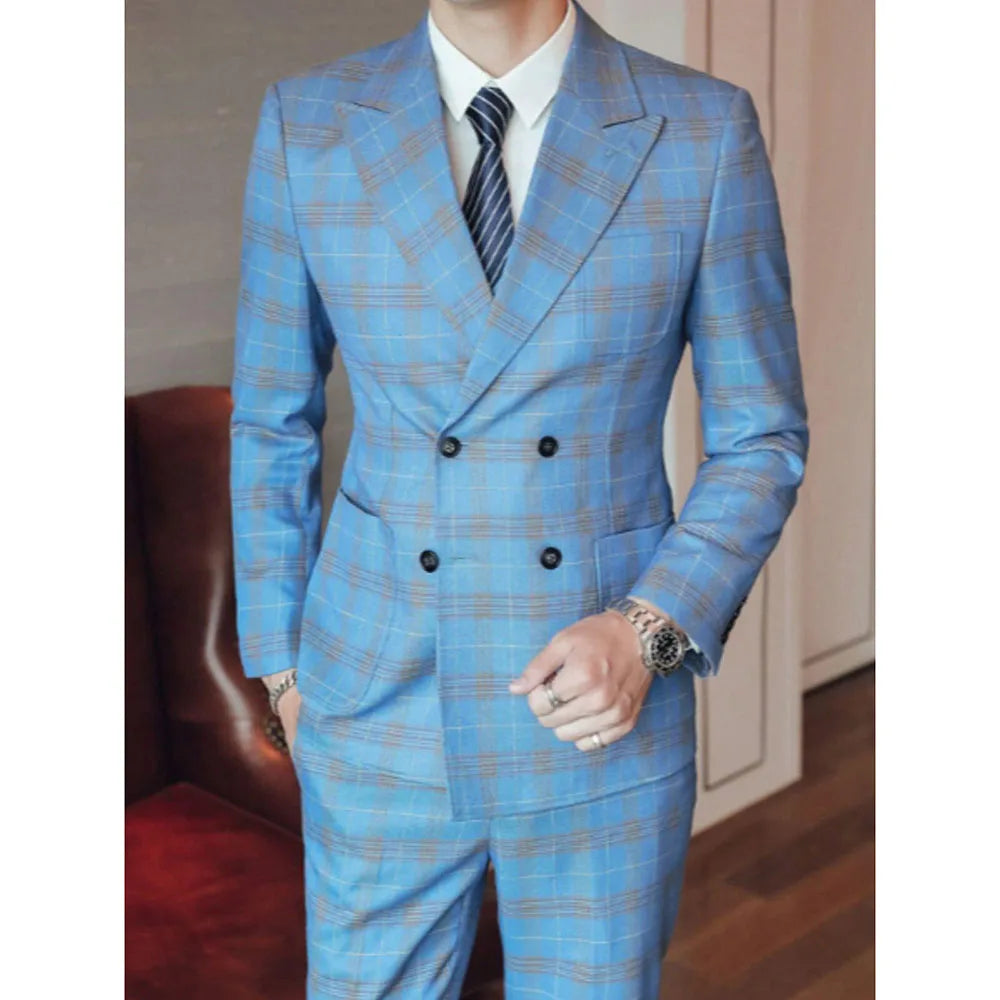 Showlu men's double-breasted slim fit suit with peak lapel, two-piece formal set, tailored for a modern, sharp look.