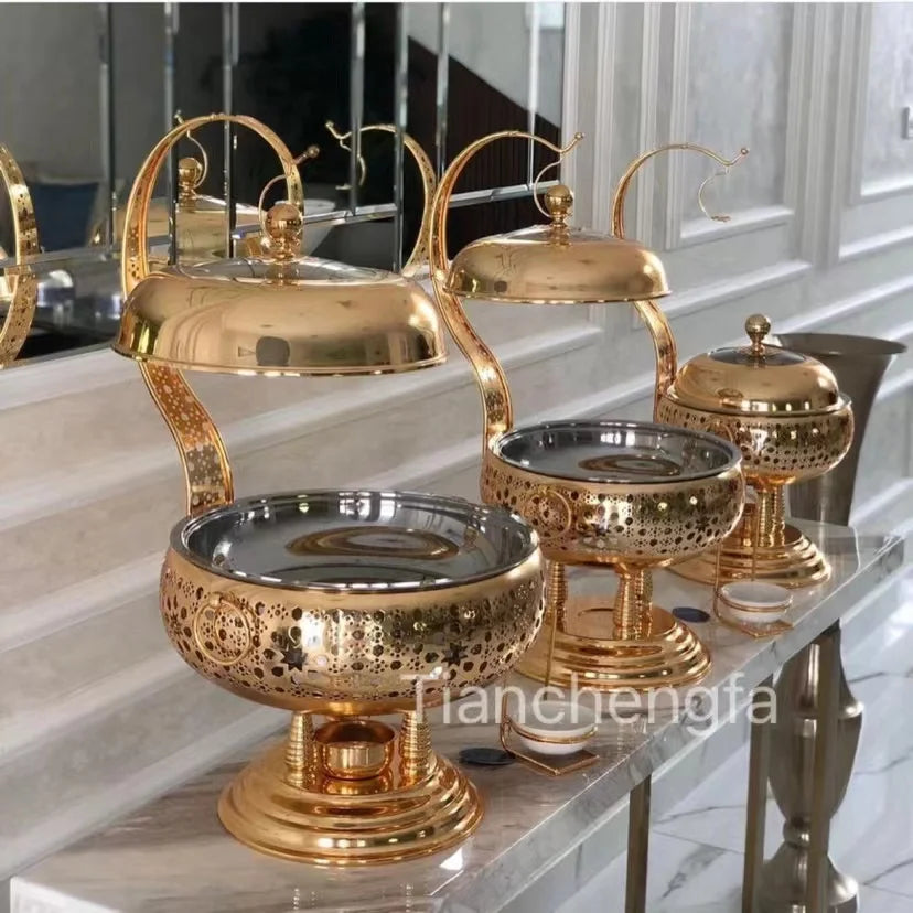 Luxury gold round hanging chafing dish for hotel weddings and catering, with a sleek design for warming and serving food.