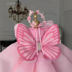 Party Dress with Wings Cute Tutu Fairy Costume Pink Children Girls Short Kids First Birthday Celebration Princess Pageant Gown