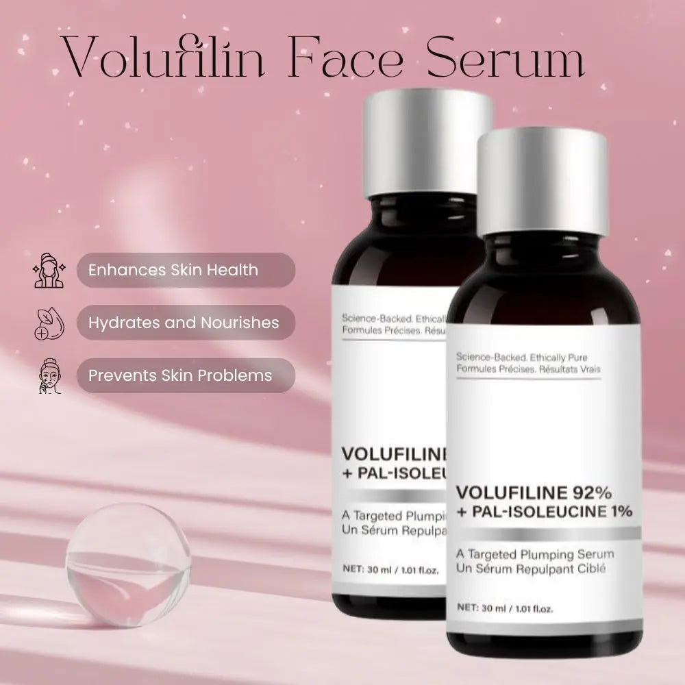 Volufilin face serum with niacinamide and hyaluronic acid for deep hydration, plumping, and smoothing dry skin.