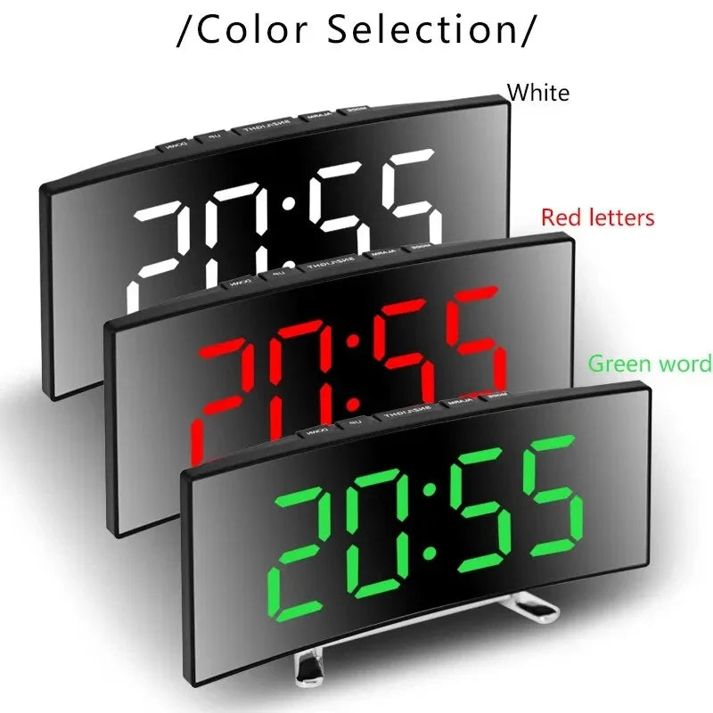 Showlu Smart General LED digital alarm clock with USB display and modern mirror design, showing time and date on the screen.