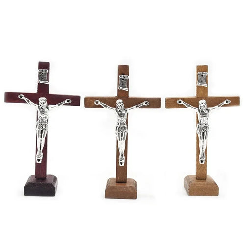Wooden Catholic Jesus cross with stand, vintage Christian crucifix for church or home tabletop religious ornament.