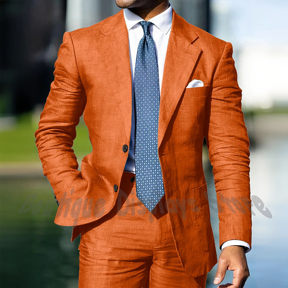 Blue Linen Single Breasted Men Suit Two Pieces(Jacket+Pants) Outfits Casual Party Prom Wedding Set