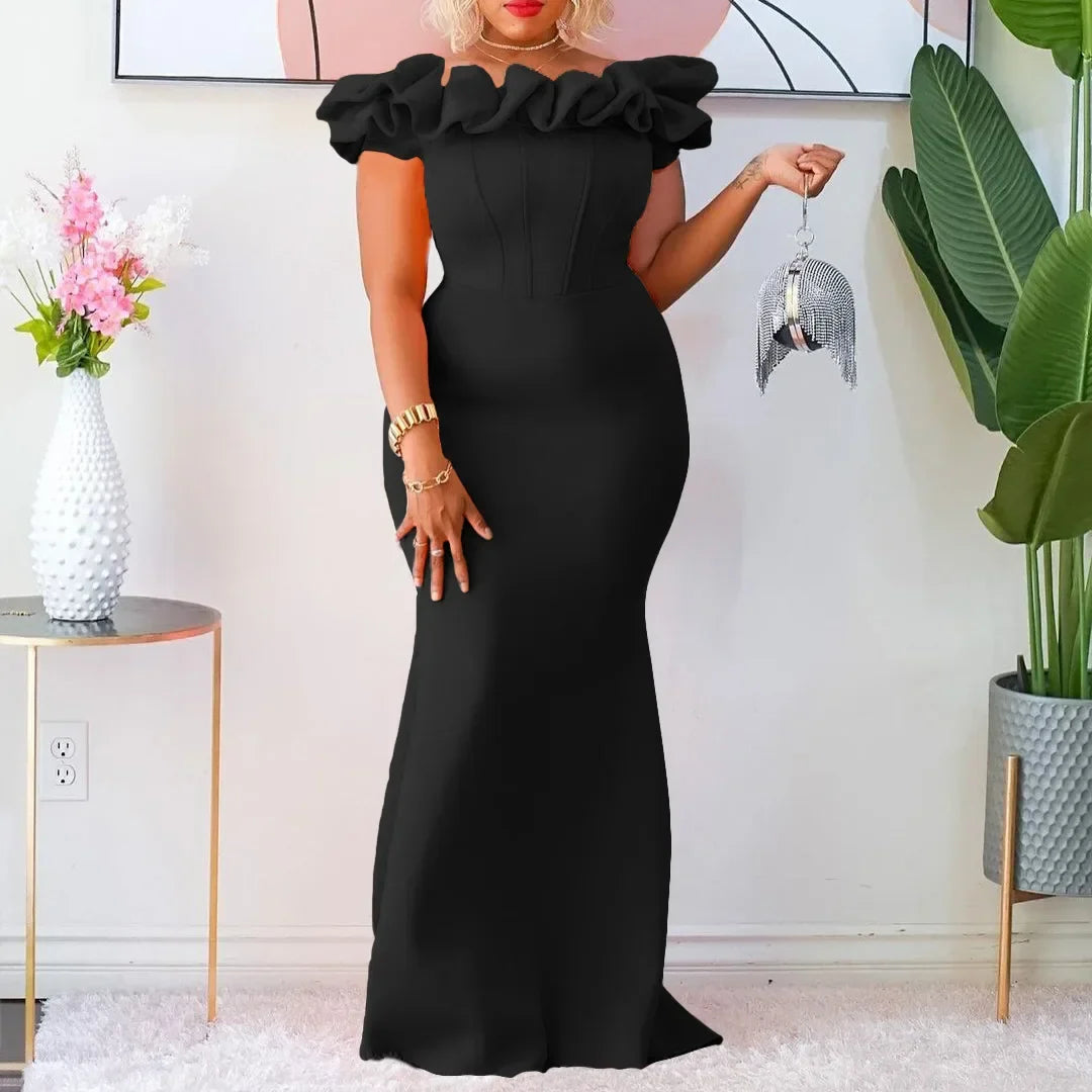 Kalenmos women's off-shoulder ruffle evening gown by SHOWLU FASHION, slim fit party dress with elegant ruffle details