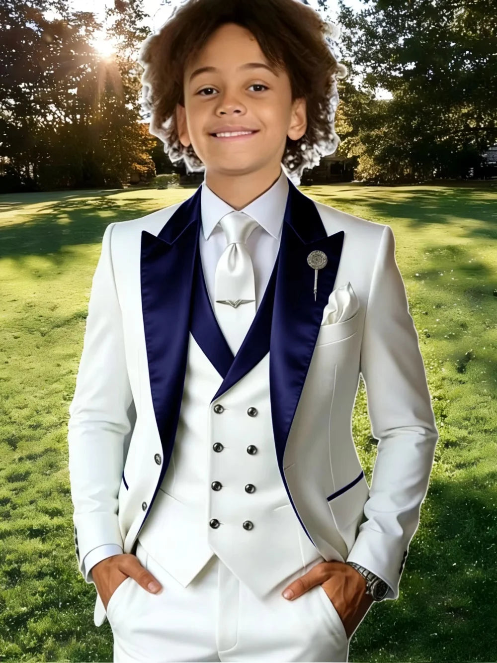 Showlu Smart General kids suit set with three pieces, featuring a classic peak lapel style for school activities and stage performances.