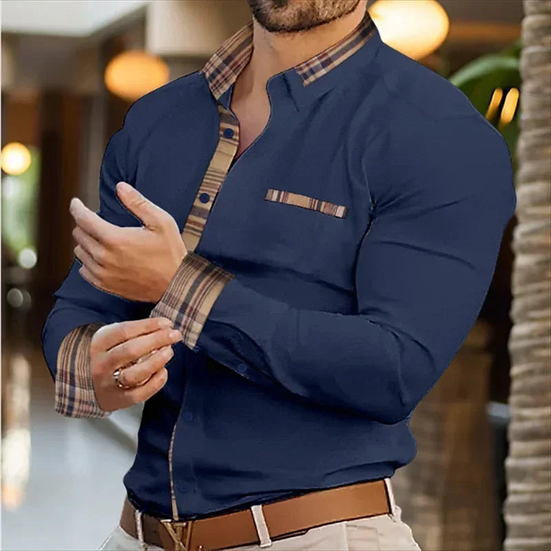 Showlu men's silk bamboo fiber casual shirt with a retro business style, featuring a classic collar and long sleeves.