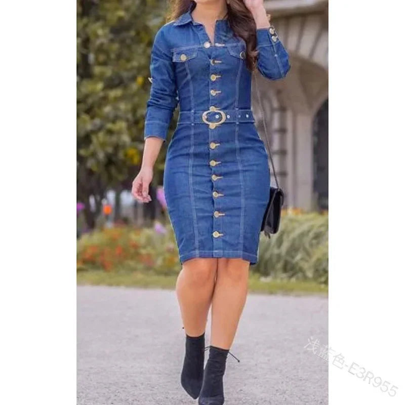 Single-Breasted Long Bodycon Dress Slim Sexy Fashion Denim Dress Multi-Button Decorative Lapel Long Sleeve Denim Muse Dress