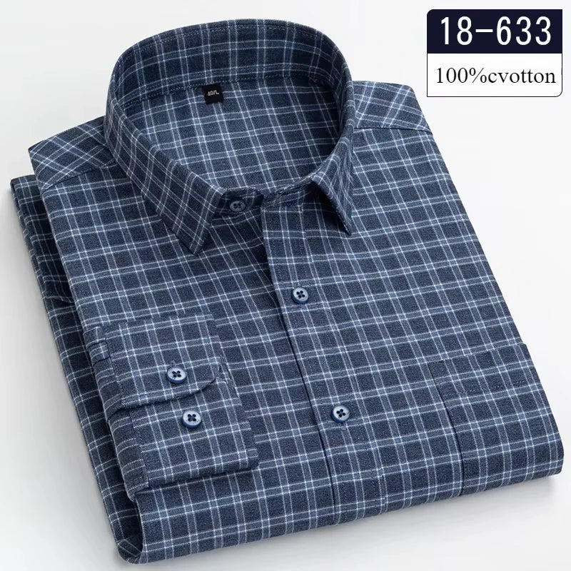 Showlu Fashion men's slim fit brushed cotton long-sleeve plaid and striped casual formal shirts, soft and comfortable for everyday wear.